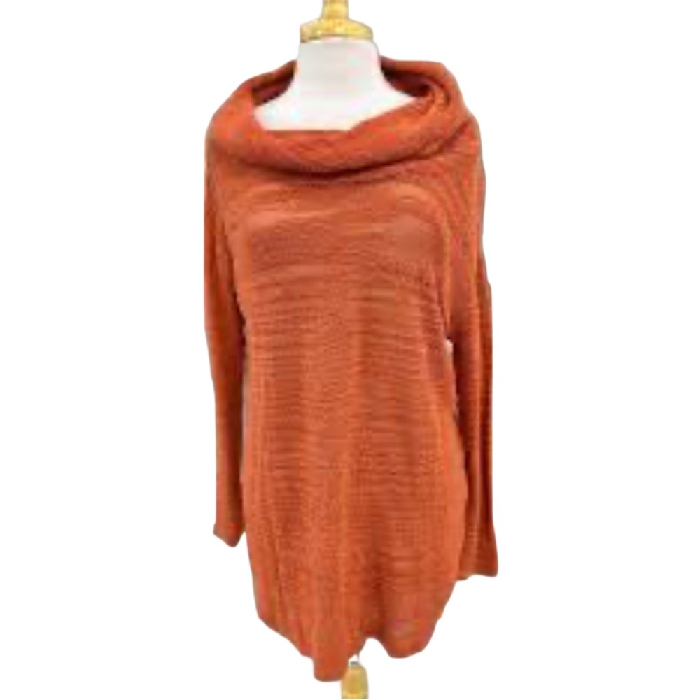 Free People Cowl Neck Distresses Long‎ Sweater in Warm Orange Size M